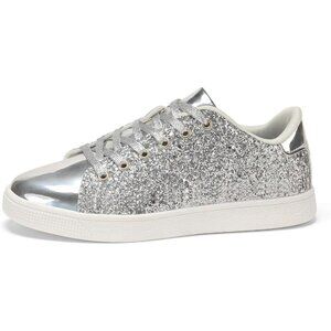 Women's Silver PU Glitter Lace up Sparkly Comfortable Fashion Sneakers